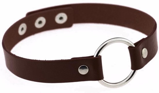 KIMU Choker Donkerbruin Ring - Pu Leer Collar Ketting Halsband Sexy Festival