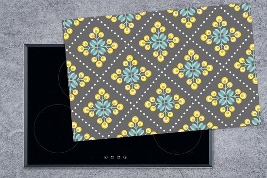 KitchenYeah® Inductie beschermer 81.2x52 cm - Design - Ruit - Bloemen - Grijs - Kookplaataccessoires - Afdekplaat voor kookplaat - Inductiebeschermer - Inductiemat - Inductieplaat mat - Keuken decoratie