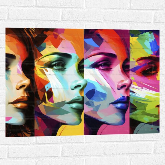 Muursticker - Artistieke Collage van Zijaanzichten van Kleurrijke Vrouwen - 80x60 cm Foto op Muursticker