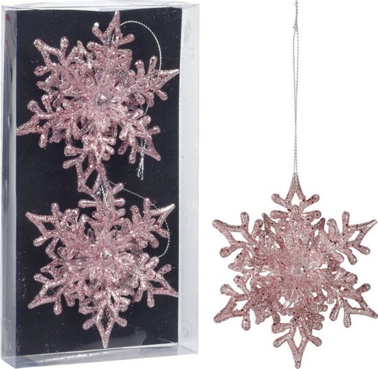 Twee roze glitter sneeuwvlokken in verpakking en één losse