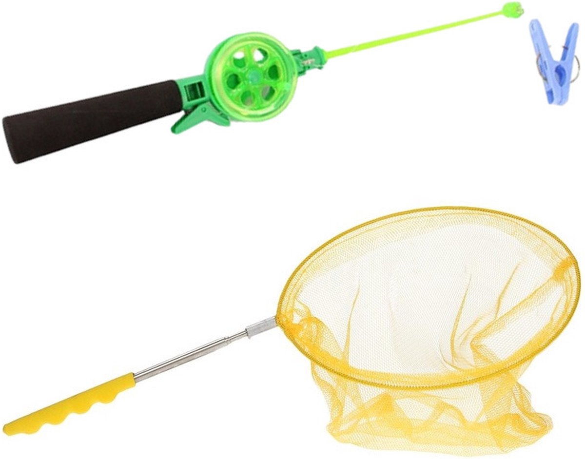 Krabhengel / vishengel incl. uitschuifbaar visnet - groen/geel - 39 cm
