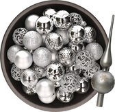 Kerstversiering set - 38-dlg - zilver - kunststof kerstballen en glazen piek