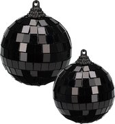 Grote discobal kerstballen - 2x stuks - zwart - 10 en 12 cm - kunststof