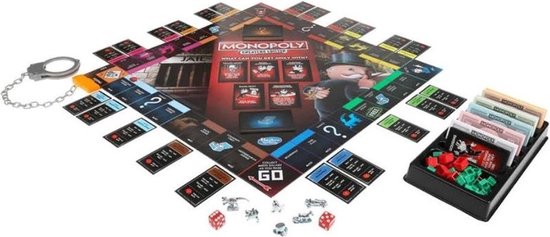 Monopoly Cheaters Edition bordspel met Mr. Monopoly, gevangenis, geld, dobbelstenen en speelfiguren.