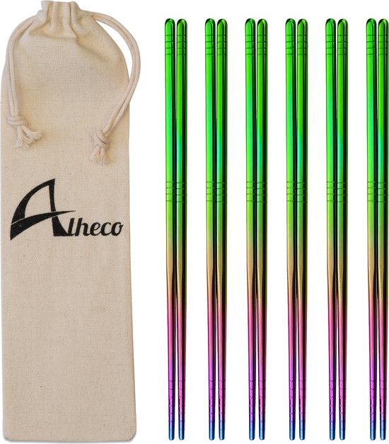 Alheco 6 paar Koreaanse chopsticks - Eetstokjes - Metaal / RVS - Regenboog - Alheco