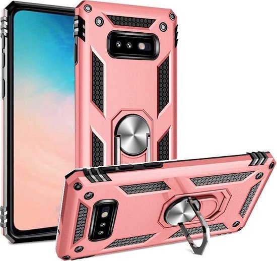 HB Hoesje Geschikt voor Samsung Galaxy S10E - Anti-Shock Hybrid Armor Back Cover - Hoes met Kickstand Ring - Roségoud