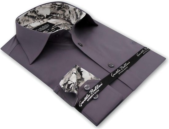 Grijs Slim Fit overhemd, zicht op kraagvoering en manchet met zwart-wit patroon, Slim Fit.