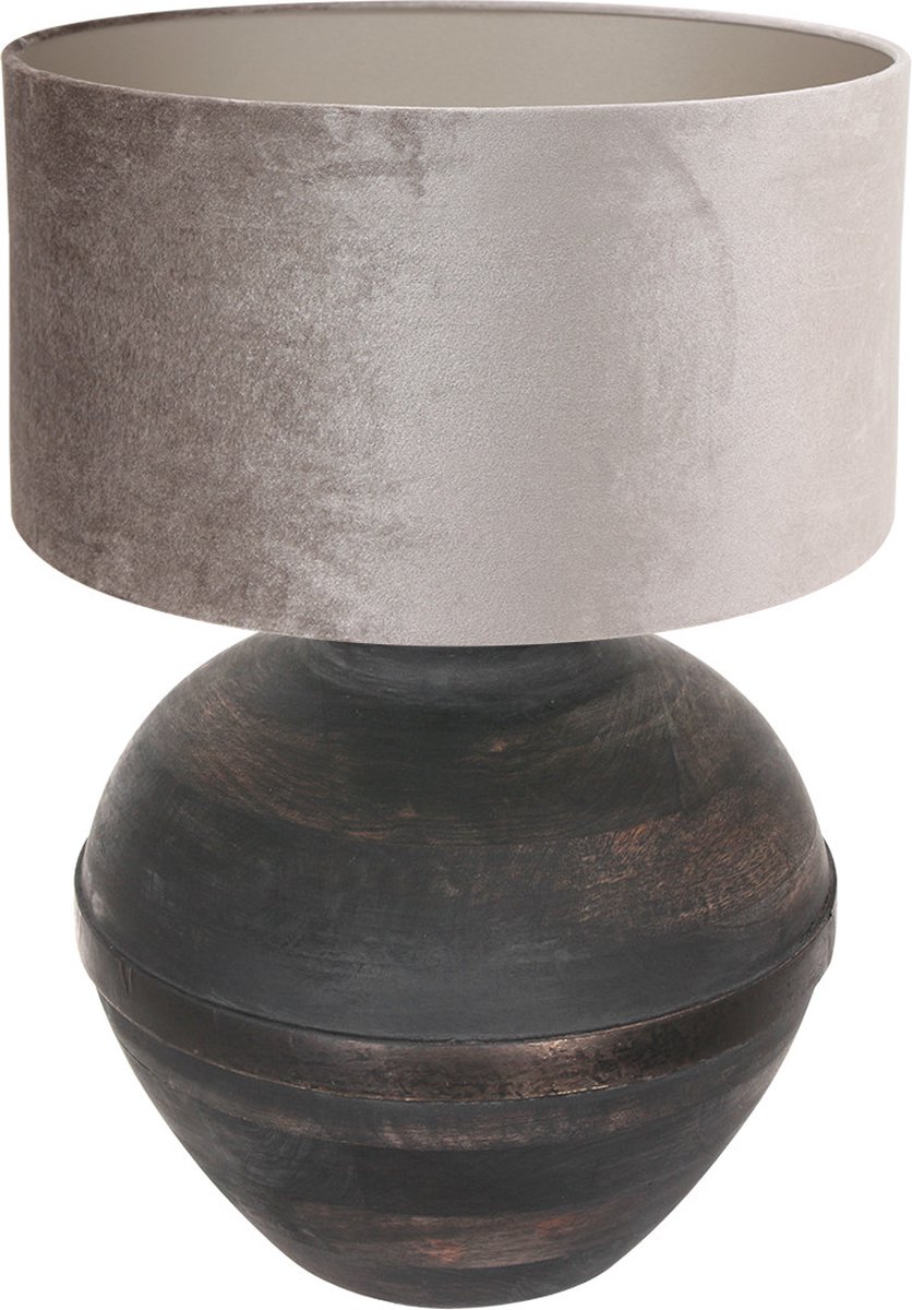 Bolvormige houten tafellamp Lyons met kap | 1 lichts | grijs / zilver / zwart | hout / stof | Ø 40 cm | 57 cm hoog | dimbaar | modern / sfeervol design