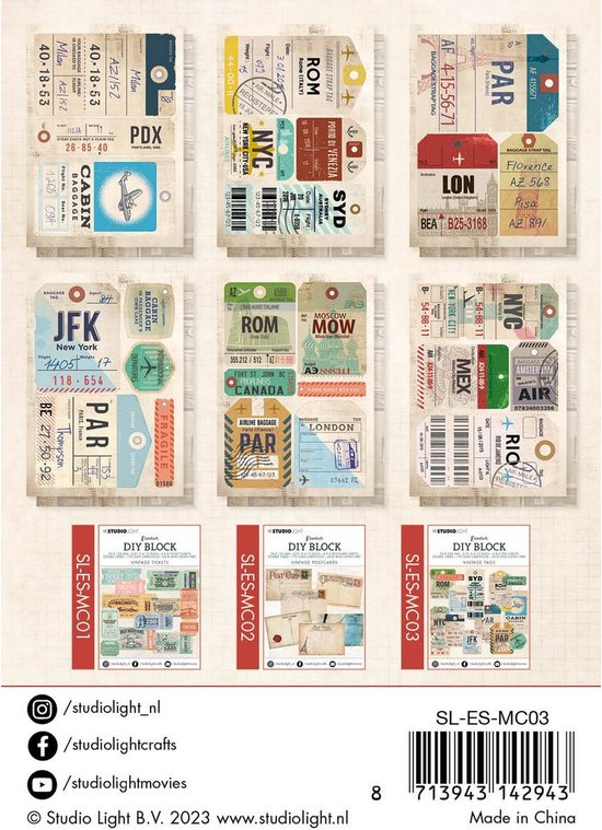 Collectie DIY tags met wereldwijde vluchtbestemmingen zoals Parijs, Londen, New York en Rome, met retro-ontwerpen.