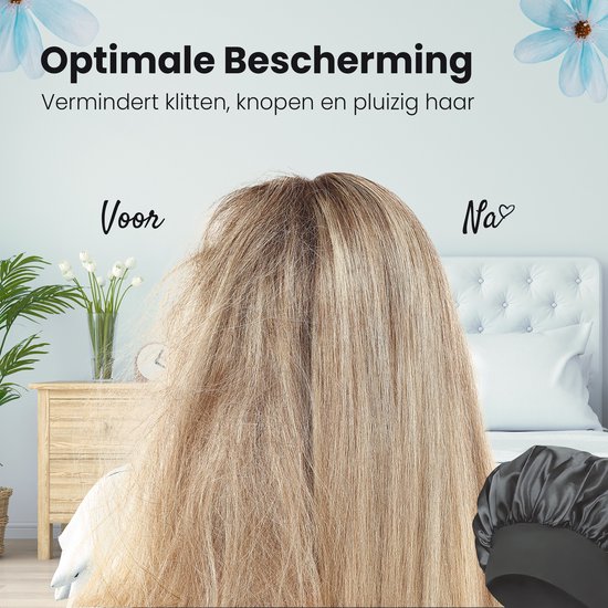 Vergelijking van haar voor en na, met een zwarte satijnen slaapmuts.