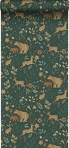 ESTAhome papier peint forêt avec animaux de la forêt vert foncé et beige - 139587 - 0,53 x 10,05 m