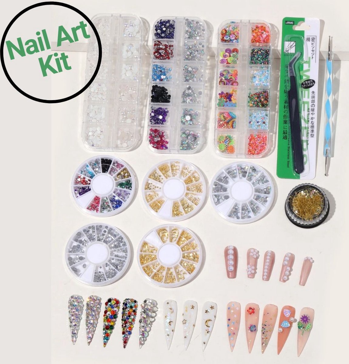 Goedkoopste GUAPÀ® Nail Art Starterspakket Compleet | Diamantjes | Rhinestones | Nagel decoratie | Nail Art glitters | Nail Art Penselen | Dotting penseel | 11 Delige Nail Art kit