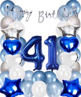 Snoes Ballonnen 41 Jaar Set Mega Blauw Zilver Ballon - Compleet Feestpakket Cijferballon 41 Jaar - Verjaardag Versiering Slinger Happy Birthday – Folieballon – Latex Ballonnen - Helium Ballonnen