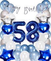 Snoes Ballonnen 58 Jaar Set Mega Blauw Zilver Ballon - Compleet Feestpakket Cijferballon 58 Jaar - Verjaardag Versiering Slinger Happy Birthday – Folieballon – Latex Ballonnen - Helium Ballonnen