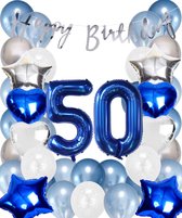 Snoes Ballonnen 50 Jaar Set Mega Blauw Zilver Ballon - Compleet Feestpakket Cijferballon 50 Jaar - Verjaardag Versiering Slinger Happy Birthday – Folieballon – Latex Ballonnen - Helium Ballonnen