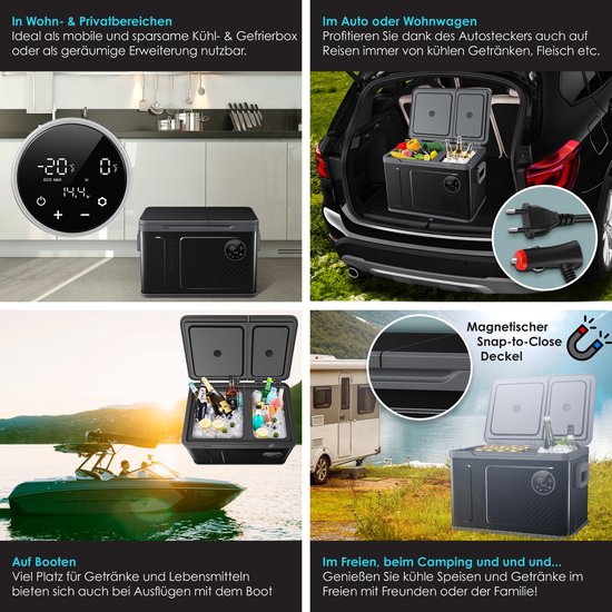 KESSER® Compressor Koelbox 2in1 Dubbele Zone Koeler & Vriezer, Elektrische Vriesbox LED Touch Control 12/24 V 230V, Frigobox Koelen tot -20 °C voor Auto, Vrachtwagen, Kamperen - 49 Liter, Zwart / Antraciet van KESSER — afbeelding 2