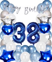 Snoes Ballonnen 38 Jaar Set Mega Blauw Zilver Ballon - Compleet Feestpakket Cijferballon 38 Jaar - Verjaardag Versiering Slinger Happy Birthday – Folieballon – Latex Ballonnen - Helium Ballonnen