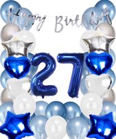 Snoes Ballonnen 27 Jaar Set Mega Blauw Zilver Ballon - Compleet Feestpakket Cijferballon 27 Jaar - Verjaardag Versiering Slinger Happy Birthday – Folieballon – Latex Ballonnen - Helium Ballonnen
