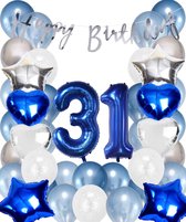 Snoes Ballonnen 31 Jaar Set Mega Blauw Zilver Ballon - Compleet Feestpakket Cijferballon 31 Jaar - Verjaardag Versiering Slinger Happy Birthday – Folieballon – Latex Ballonnen - Helium Ballonnen