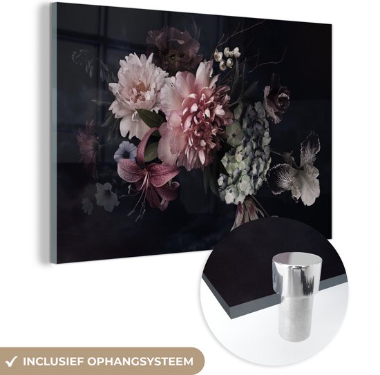 Glasschilderij bloemen - Vintage - Pastel - Zwart - Boeket - Schilderij glas - Woonkamer - 120x80 cm - Decoratie bloemen - Kamer decoratie - Wanddecoratie