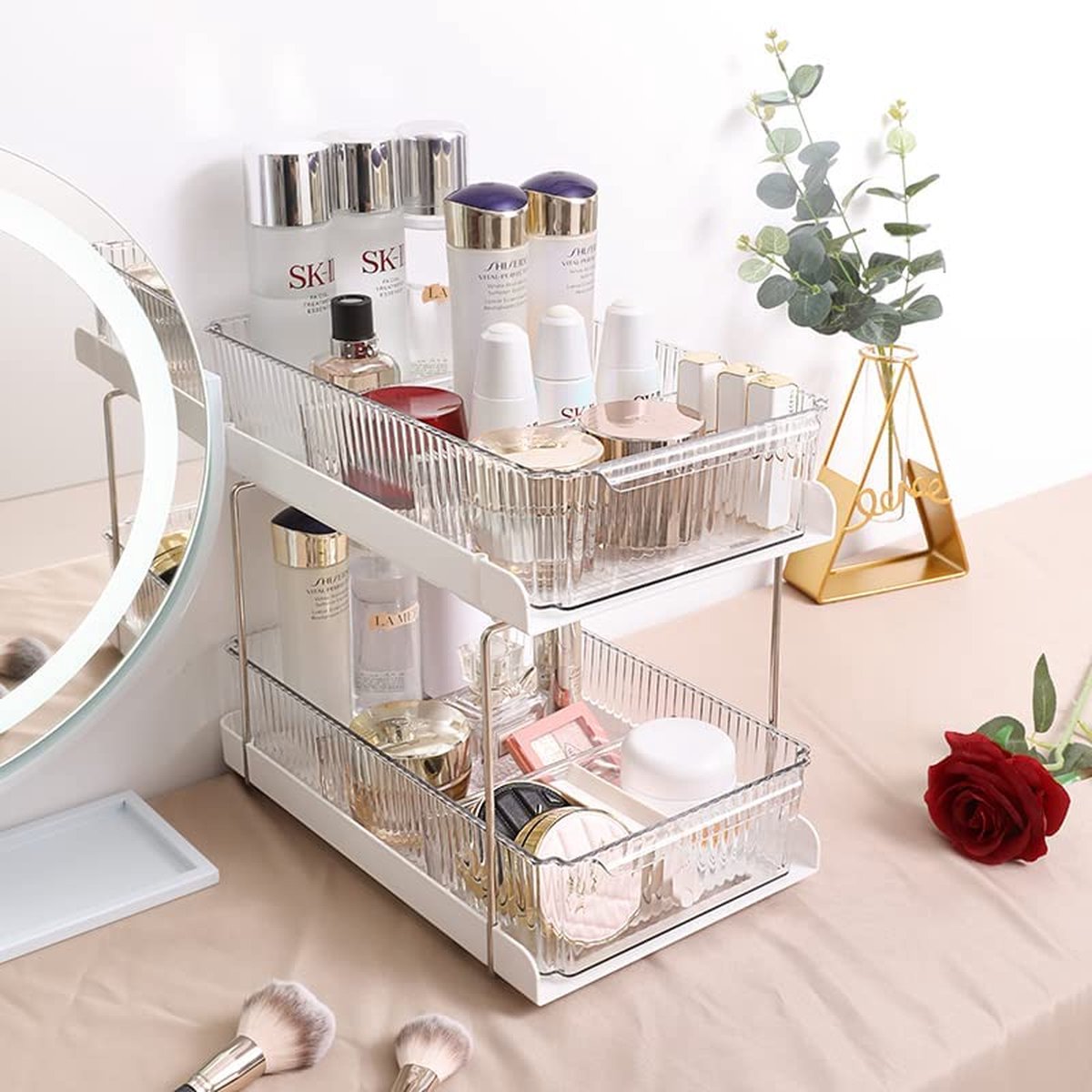 Goedkoopste 2 Tier Clear Uitschuifbare Make-up Plank Organizer Aanrecht Organizer voor Badkamer Keuken Slides Onder Sink Organizer Closet Basket Organizer Pantry Organizer