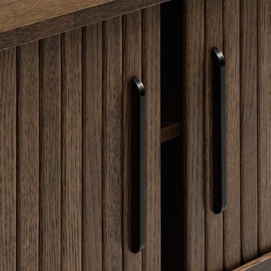 Olivine Lenn TV Meubel Gerookt Eiken - Hout - met Schuifdeuren - TV kast - Verstelbare Planken - Ovaal - Japandi - Donkerbruin - 120 x 40 x 56 cm