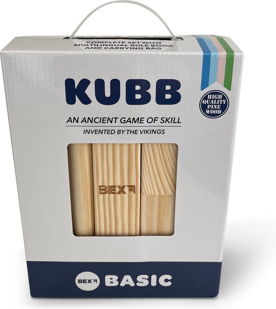 Doos van het Kubb Basic spel, met een afbeelding van de inhoud en de tekst 'AN ANCIENT GAME OF SKILL INVENTED BY THE VIKINGS'.