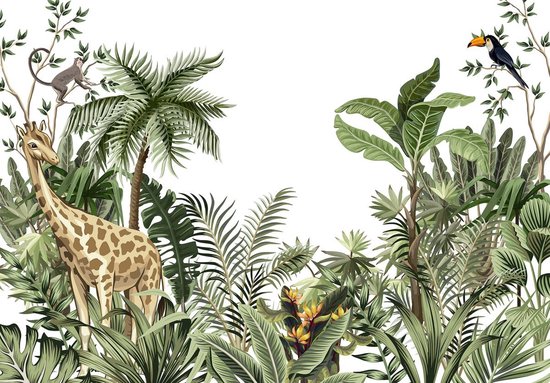 Fotobehang - Vlies Behang - Dieren in de Jungle - Jungle Planten - 368 x 254 cm