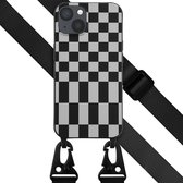 Selencia Hoesje Met Koord Geschikt voor iPhone 13 - Selencia Siliconen design hoesje met afneembaar koord - Zwart / Irregular Check Black