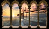 Fotobehang - Vlies Behang - Uitzicht op de Grote Brug bij Zonsondergang door de Pilaren 3D - 254 x 184 cm