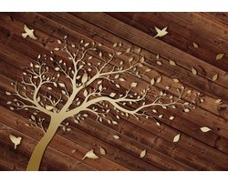 Fotobehang - Vlies Behang - Gouden Boom met Vogels op Houten Planken - 312 x 219 cm