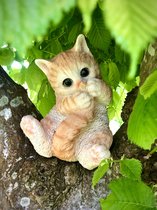 Kat spelend met staart rood 16 cm hoog - kat - kitten - polyester - polyresin - polystone - hoogkwalitatieve kunststof - decoratiefiguur - interieur - accessoire - voor binnen en buiten - cadeau - geschenk - tuinfiguur - tuinbeeldje - tuindecoratie