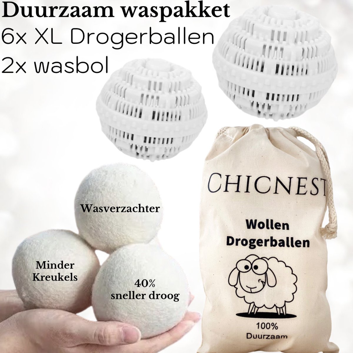 CHICNEST DUURZAAM WASPAKKET - 6XL Drogerballen + Ecologische wasmachine bollen - wassen zonder wasmiddel - wasmachine ballen - drogerbollen - duurzaam wassen