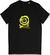 T Shirt Heren Dames - Lach en Ben Gelukkig - Happy Smiley - Zwart - Maat S