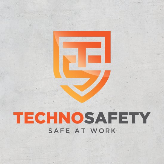 Het Technosafety logo in oranje en geel, geplaatst op een grijze, betonnen achtergrond.