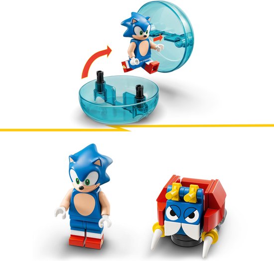 Lego Sonic de Muis, in een blauwe bol, springt uit een transparante bol. Rechts, een rode en blauwe robot met witte snor. Links, Sonic de Muis.