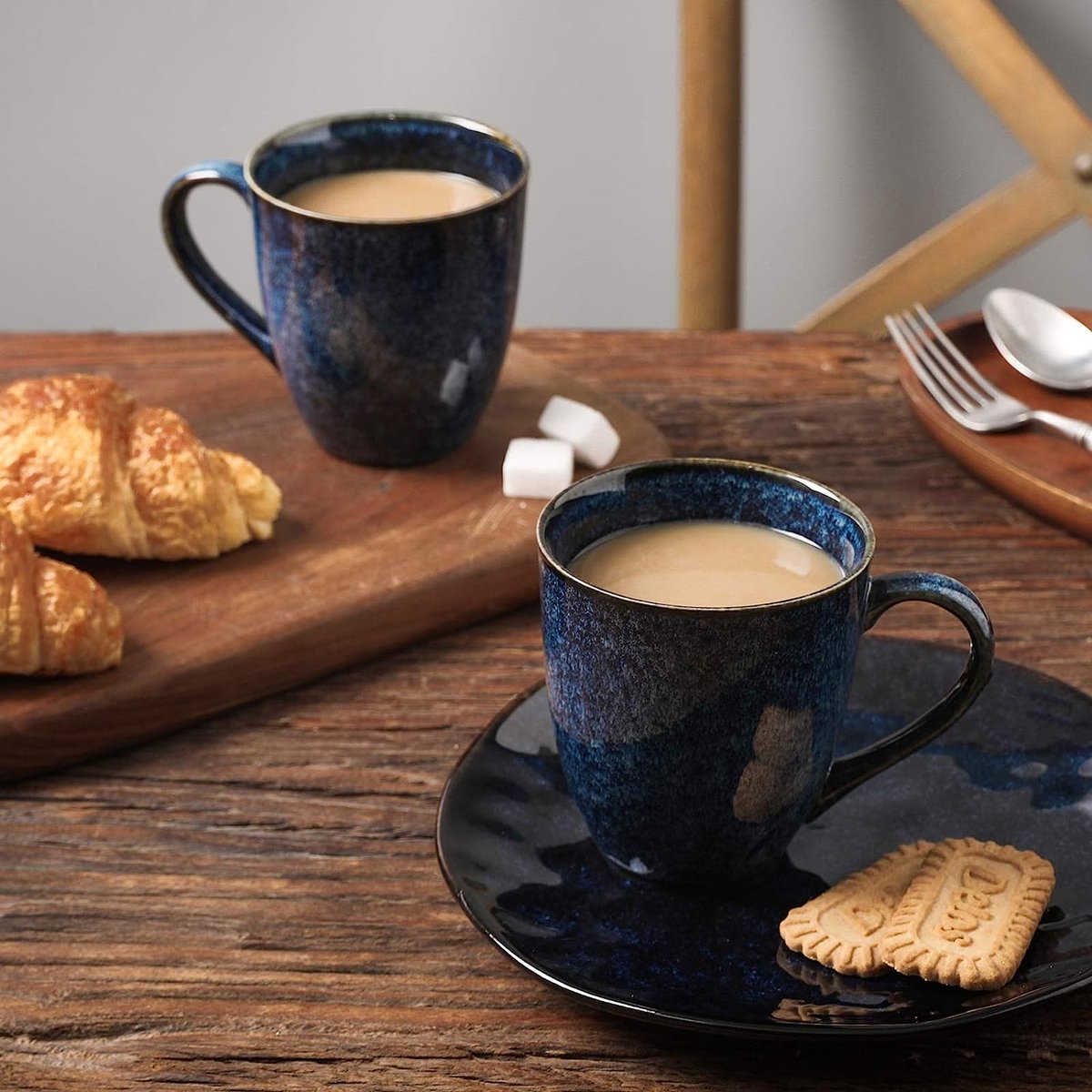UNICASA Koffiemok van porselein, set van 4 kopjes met handvat, elk 530 ml, porseleinen kopjes voor thee, koffie, melk, cappuccino, blauw