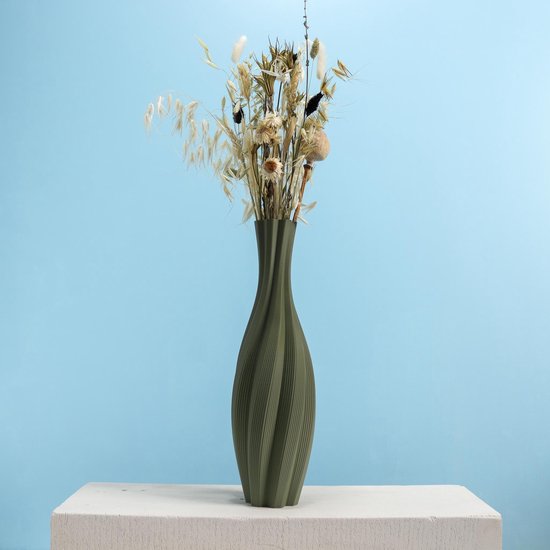 Slimprint Vloervaas TWIST, Olijfgroen, 15.2 x 50 cm, Hoge Decoratieve Vaas voor Droogbloemen, Plantaardig Kunststof