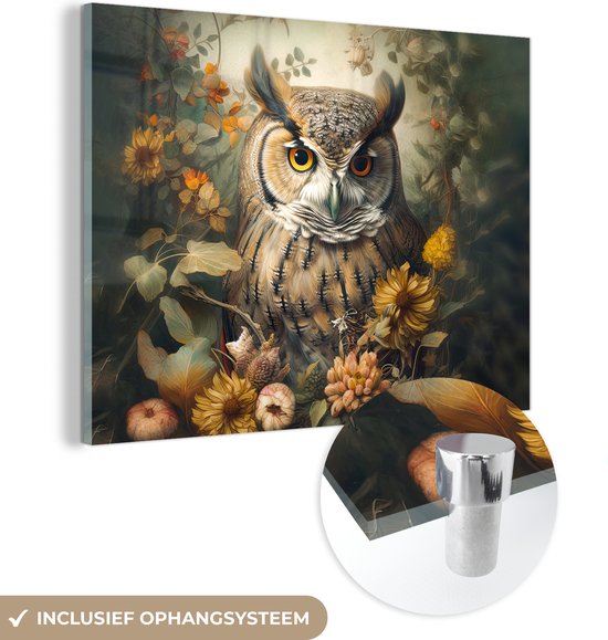 MuchoWow® Peinture sur verre - Hibou - Vogels - Fleurs - Nature - 120x90 cm - Peintures sur verre acrylique - Photo sur Glas