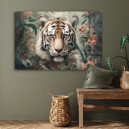 Glasschilderij - Tijger - Bloemen - Blinder - Dieren - Natuur - Glasplaat - Foto op glas - Glasschilderijen woonkamer - Schilderij op glas - 120x80 cm - Muurdecoratie - Wanddecoratie - Slaapkamer - Kamer decoratie