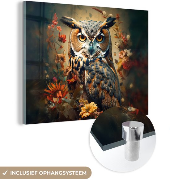 MuchoWow® Peinture sur verre - Hibou - Vogel - Fleurs - Plantes - Botanique - 120x90 cm - Peintures sur verre acrylique - Photo sur Glas
