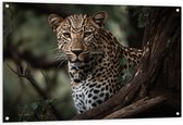 Tuinposter – Luipaard Schuilend achter Boomstronk - 120x80 cm Foto op Tuinposter (wanddecoratie voor buiten en binnen)