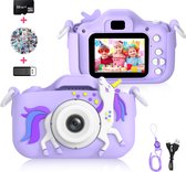 Ilona® Digitale Kindercamera HD 1080p inclusief Frozen stickervel - Speelgoedcamera - 32GB micro sd kaart - Fototoestel Voor Kinderen - Unicorn Paars