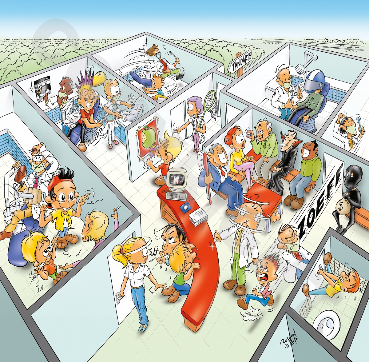 Cartoon plafondplaat - Poster - Roland Hols - Tandartsenpraktijk 1 - 60 x 60 cm - Forex 5 mm dik - Tandarts - Orthodontist -Mondhygiënist - voor boven de behandelstoel