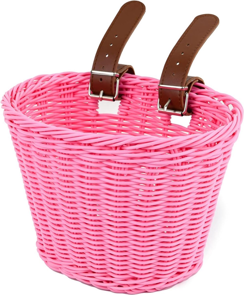 Goedkoopste Voorop, Meisjesfietsmand, Kinderstuurmand, Handgeweven Kinderfietsmand, met leren riemen, Stevig en Robust Eenvoudig te installeren Afneembaar (rose