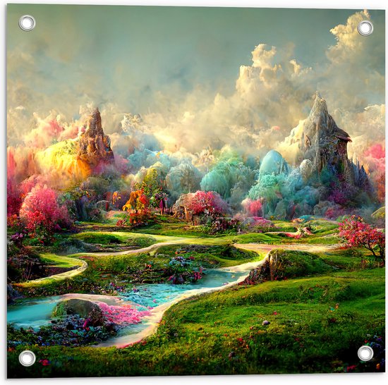 Tuinposter – Fantasie Bos Vol Kleurrijke Bomen - 50x50 cm Foto op Tuinposter (wanddecoratie voor buiten en binnen)