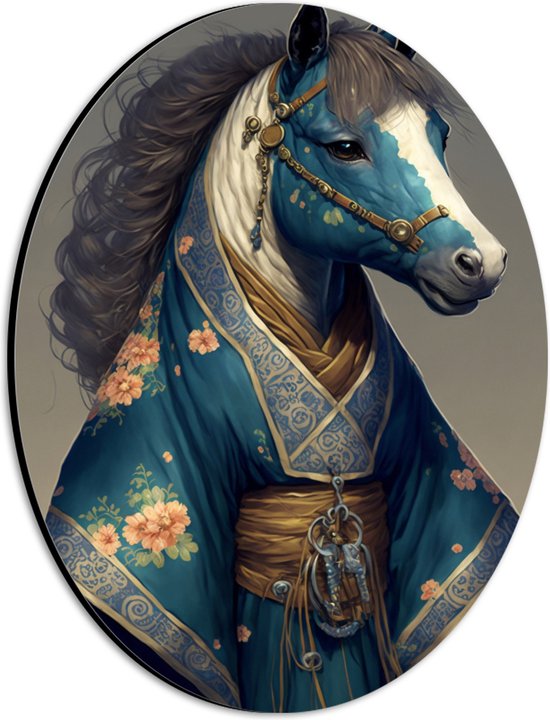 Dibond Ovaal - Portretfoto van Paard in Blauwe Badjas - 21x28 cm Foto op Ovaal (Met Ophangsysteem)