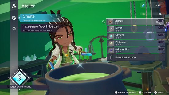 Een personage met donker haar en een doktersjas staat in een atelier bij een kookpot met groene vloeistof. Het scherm toont een menu met knutselmaterialen zoals 'Bronze' en 'Crystal'.