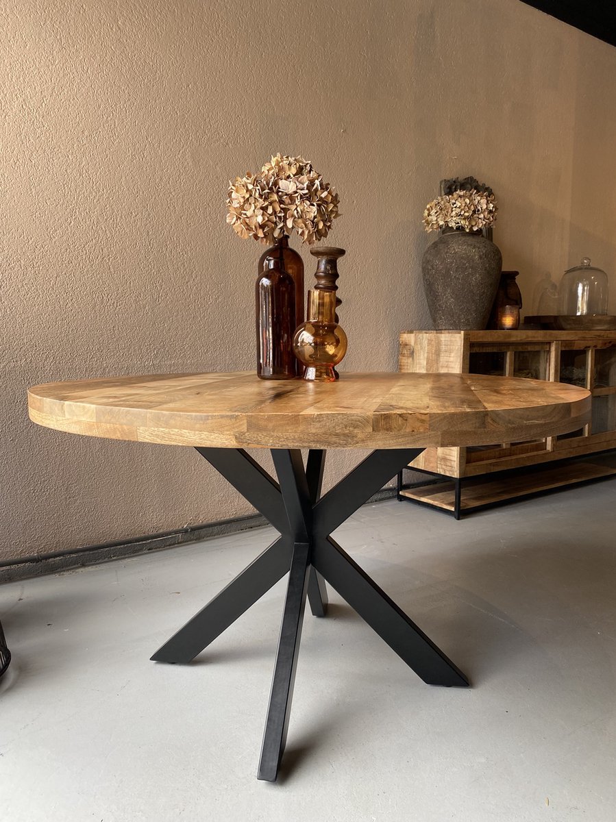 Sfeerwonen Enzo - Eettafel Rond - 130 cm - Mangohout Naturel - Rechte Rand Afwerking 5 cm - Stalen Matrix Onderstel