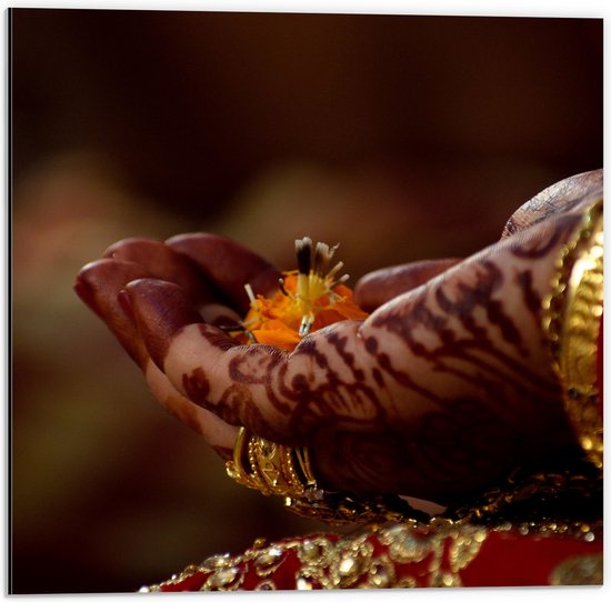 Dibond - Oranje Bloemen in Met Henna Versierde Handen - 50x50 cm Foto op Aluminium (Met Ophangsysteem)